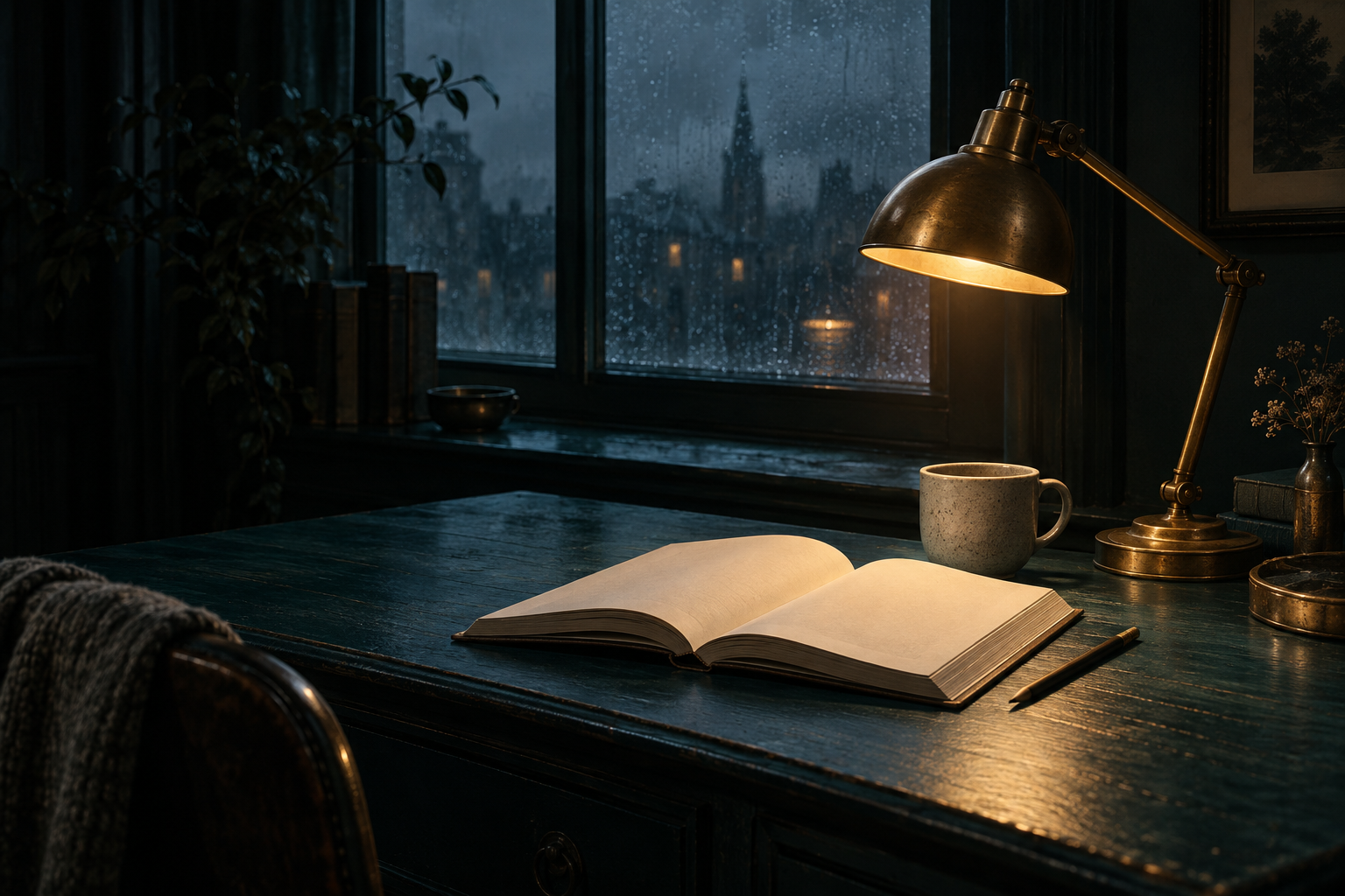 An open book and pencil under an amber reading lamp beside a rainy night window